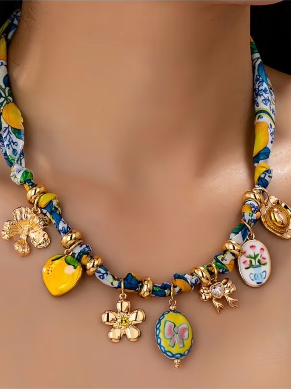 Gold-Tone Lemon & Blue Floral Charm Necklace & Matching Earrings